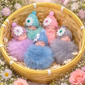 Sleeping Baby Doll Faux Fur Keychains.. PomPom Knitted Hat w/ Flower  🌼